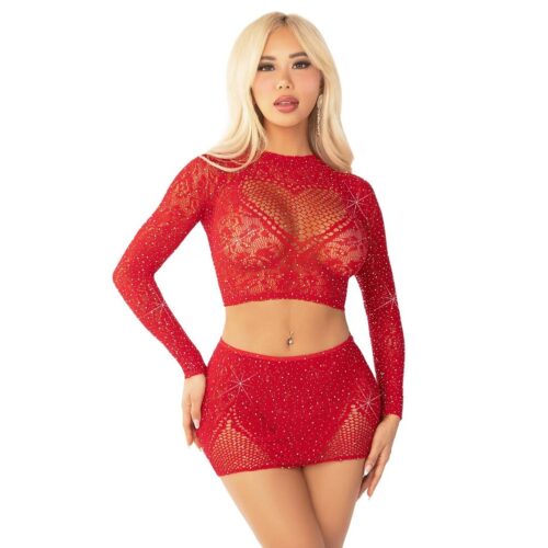 Completino Sexy Rhinestone Crop Top and Mini Skirt Rosso