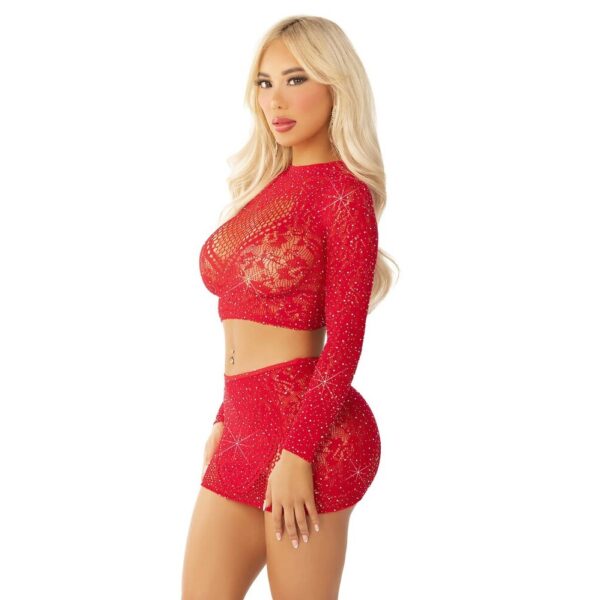 Completino Sexy Rhinestone Crop Top and Mini Skirt Rosso