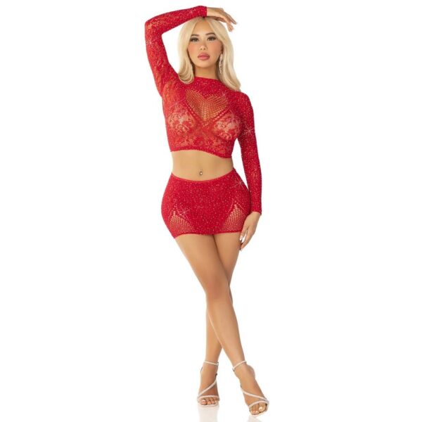 Completino Sexy Rhinestone Crop Top and Mini Skirt Rosso