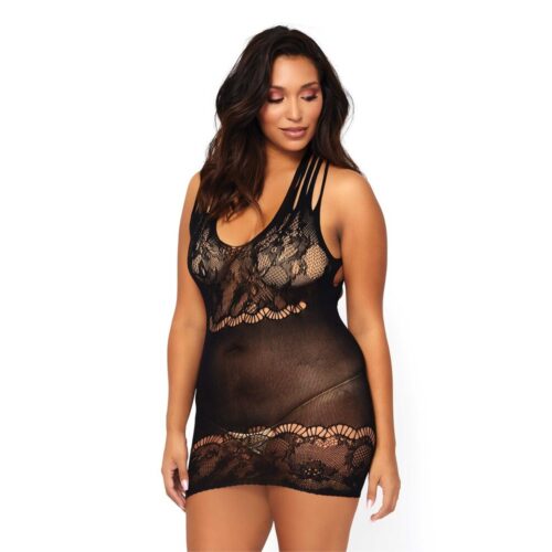 Mini Abito Sexy Floral Lace Plus Nero