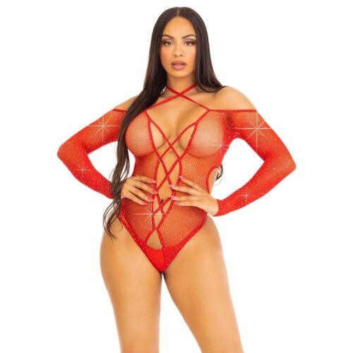 Body Sexy Crotchless Teddy with Halter Rosso