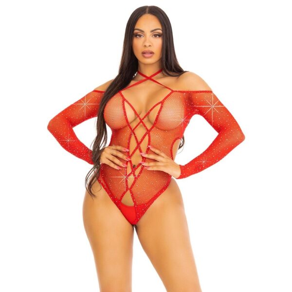 Body Sexy Crotchless Teddy with Halter Rosso