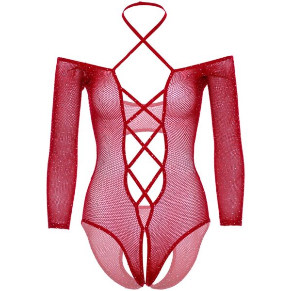 Body Sexy Crotchless Teddy with Halter Rosso